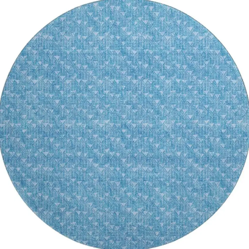 8' Blue And Ivory Geometric Washable Round Rug With UV Protection Photo 4