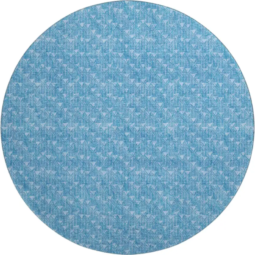 8' Blue And Ivory Geometric Washable Round Rug With UV Protection Photo 1