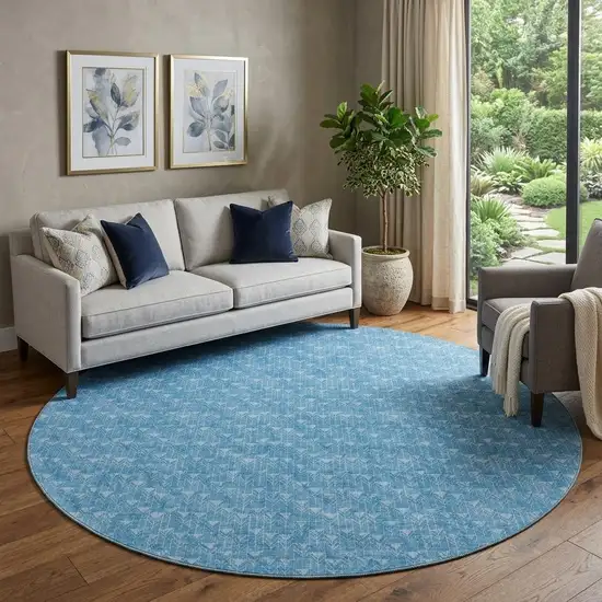 8' Blue And Ivory Geometric Washable Round Rug With UV Protection Photo 1