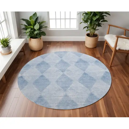 8' Blue And Ivory Geometric Washable Round Rug With UV Protection Photo 2
