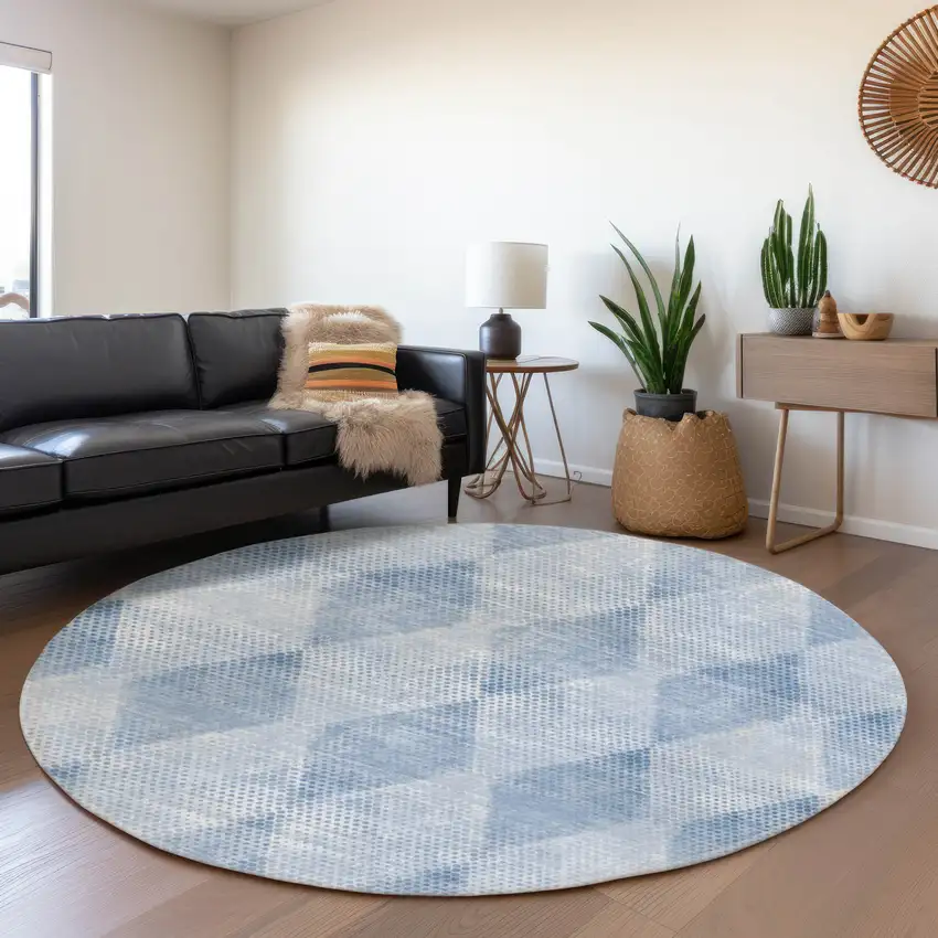 8' Blue And Ivory Geometric Washable Round Rug With UV Protection Photo 5