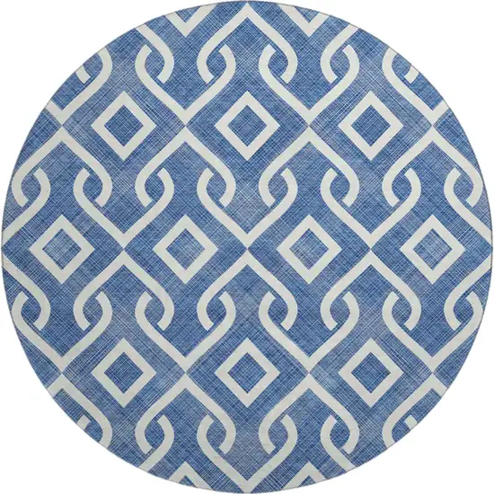 8' Blue And Ivory Geometric Washable Round Rug With UV Protection Photo 1
