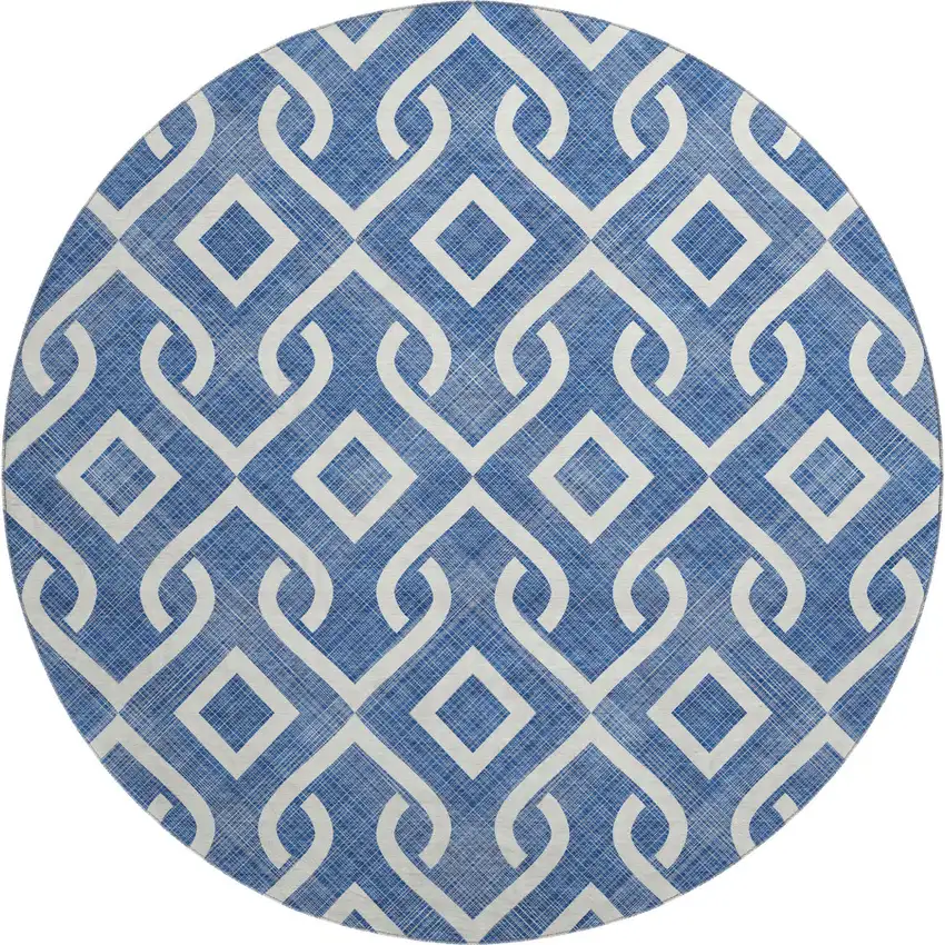 8' Blue And Ivory Geometric Washable Round Rug With UV Protection Photo 1