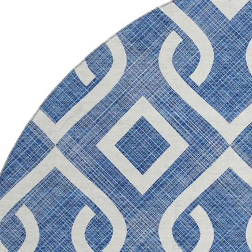 8' Blue And Ivory Geometric Washable Round Rug With UV Protection Photo 4