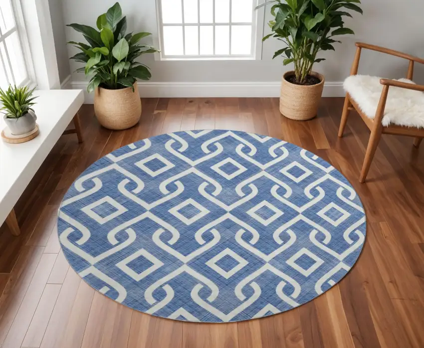 8' Blue And Ivory Geometric Washable Round Rug With UV Protection Photo 3