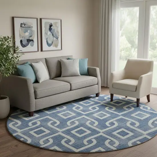 8' Blue And Ivory Geometric Washable Round Rug With UV Protection Photo 1