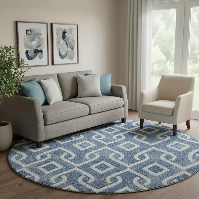 8' Blue And Ivory Geometric Washable Round Rug With UV Protection Photo 1