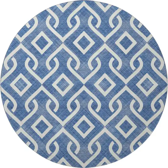 8' Blue And Ivory Geometric Washable Round Rug With UV Protection Photo 5