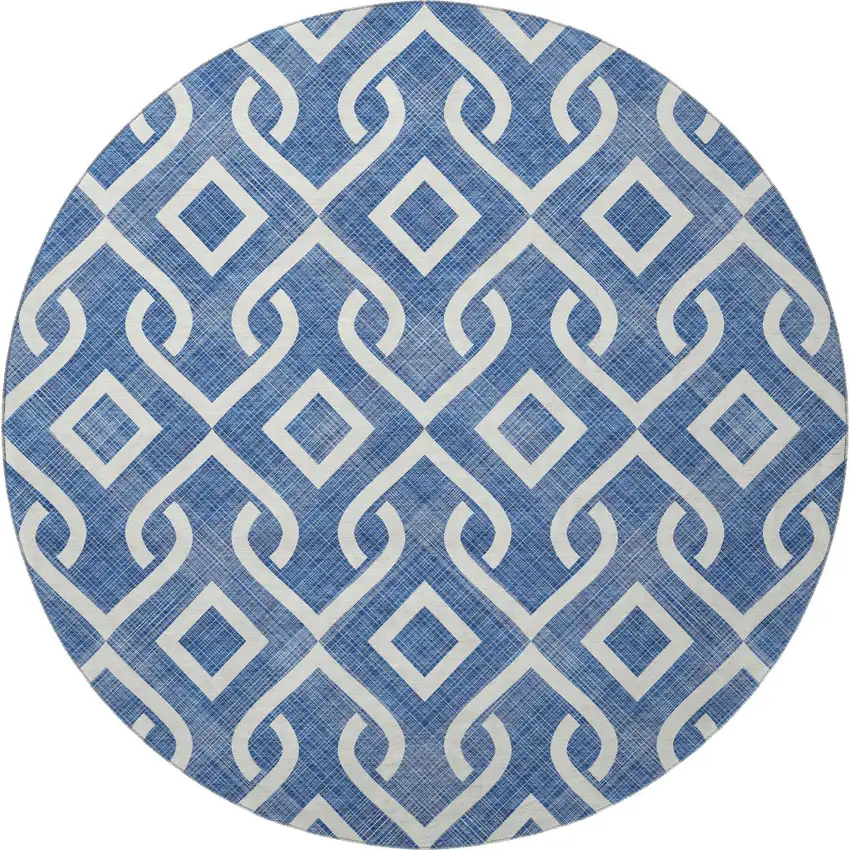 8' Blue And Ivory Geometric Washable Round Rug With UV Protection Photo 5