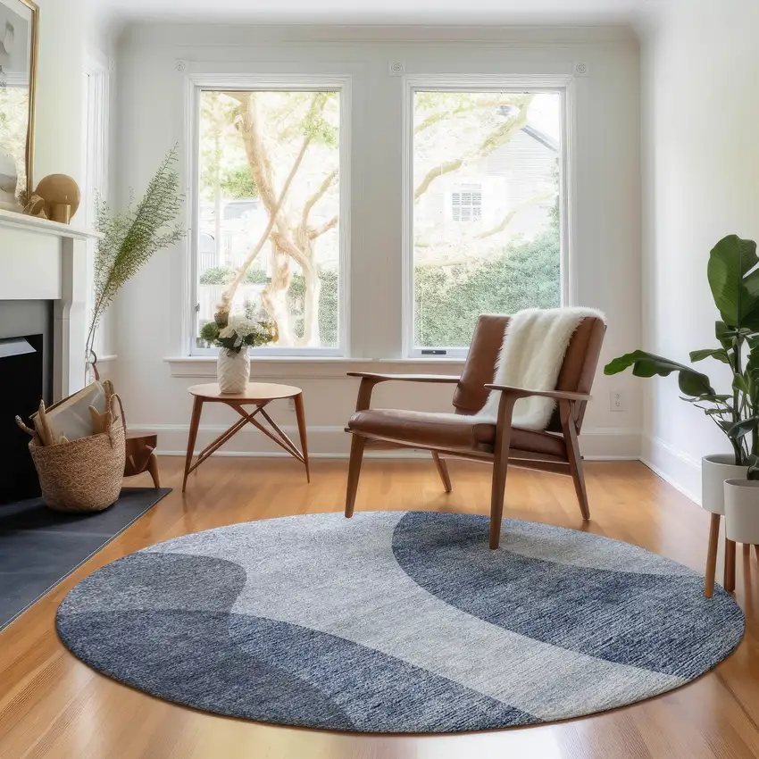 8' Blue And Ivory Geometric Washable Round Rug With UV Protection Photo 5