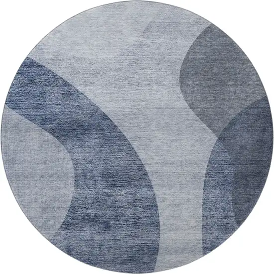 8' Blue And Ivory Geometric Washable Round Rug With UV Protection Photo 4