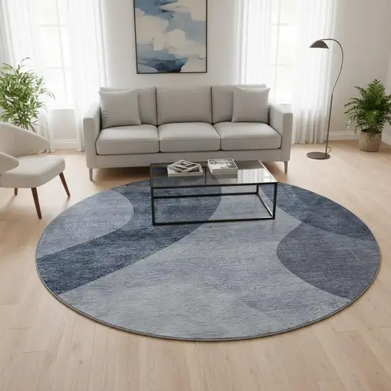 8' Blue And Ivory Geometric Washable Round Rug With UV Protection Photo 2