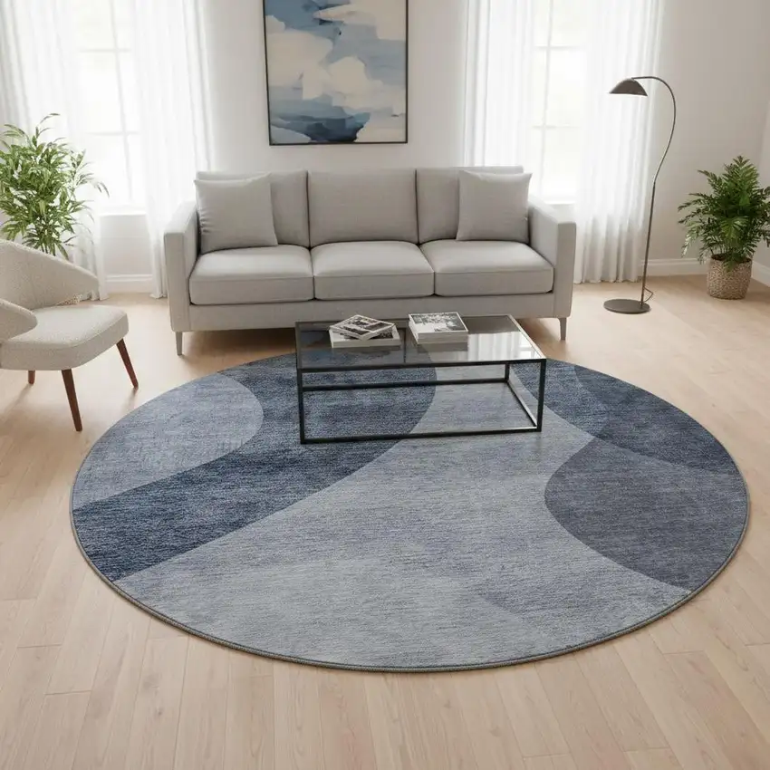 8' Blue And Ivory Geometric Washable Round Rug With UV Protection Photo 2