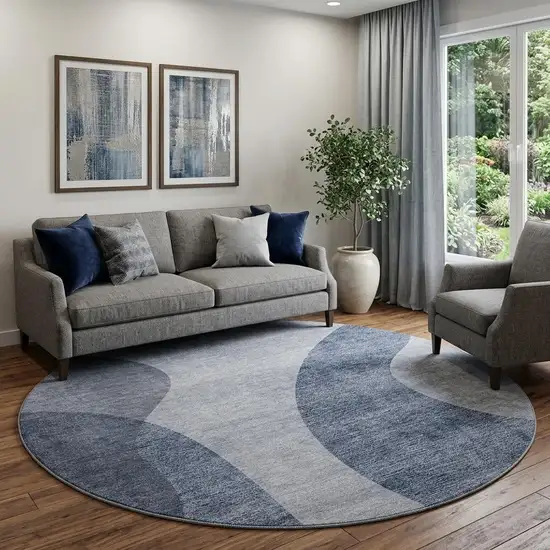 8' Blue And Ivory Geometric Washable Round Rug With UV Protection Photo 1