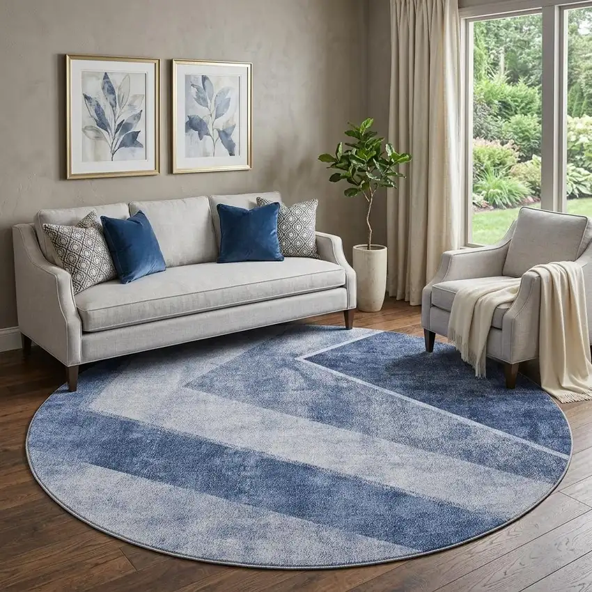 8' Blue And Ivory Geometric Washable Round Rug With UV Protection Photo 1
