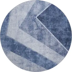 Photo of 8' Blue And Ivory Geometric Washable Round Rug With UV Protection