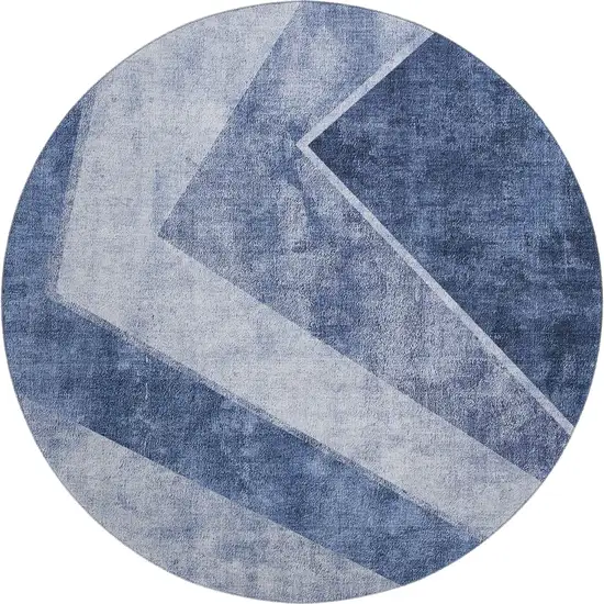 8' Blue And Ivory Geometric Washable Round Rug With UV Protection Photo 1