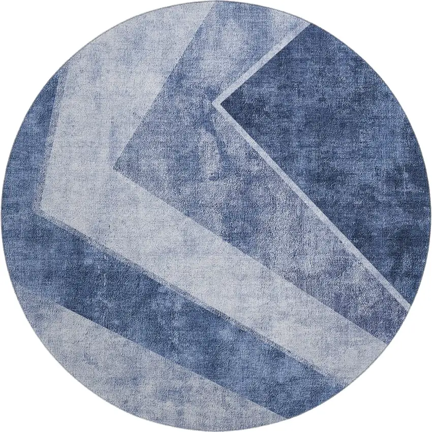 8' Blue And Ivory Geometric Washable Round Rug With UV Protection Photo 1