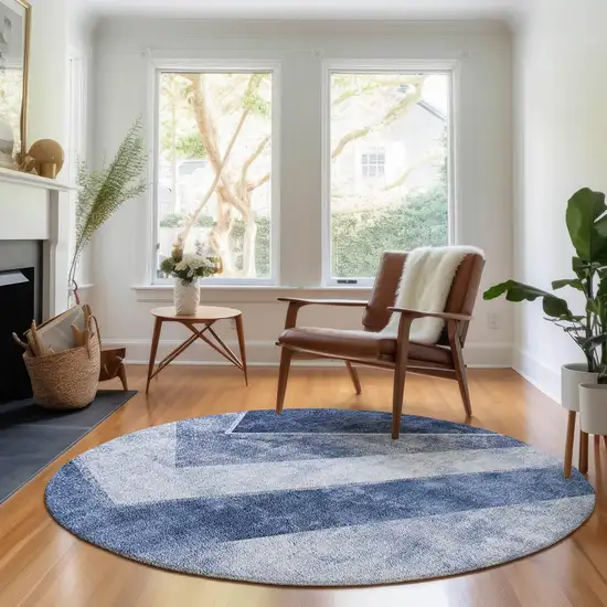 8' Blue And Ivory Geometric Washable Round Rug With UV Protection Photo 4
