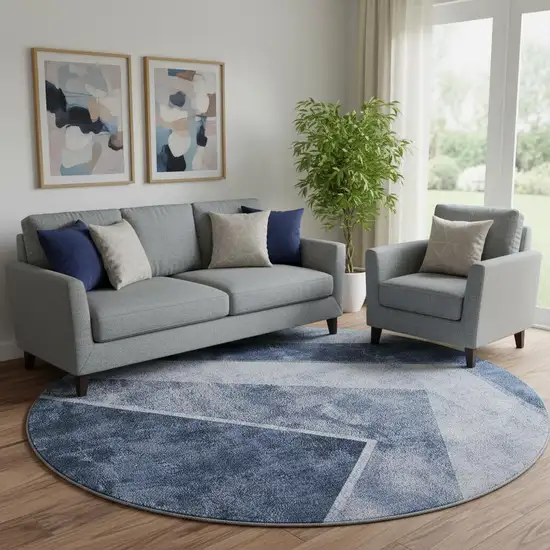 8' Blue And Ivory Geometric Washable Round Rug With UV Protection Photo 1