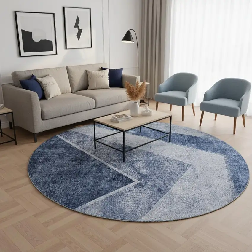 8' Blue And Ivory Geometric Washable Round Rug With UV Protection Photo 2