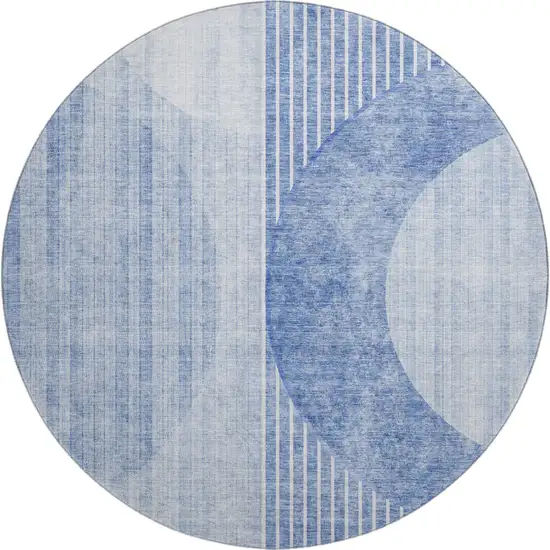 8' Blue And Ivory Geometric Washable Round Rug With UV Protection Photo 1
