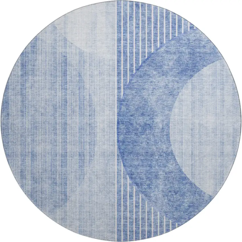 8' Blue And Ivory Geometric Washable Round Rug With UV Protection Photo 1