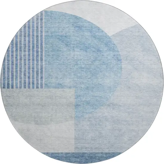8' Blue And Ivory Geometric Washable Round Rug With UV Protection Photo 1