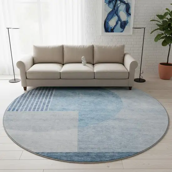 8' Blue And Ivory Geometric Washable Round Rug With UV Protection Photo 2