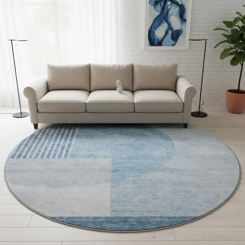 8' Blue And Ivory Geometric Washable Round Rug With UV Protection Photo 2