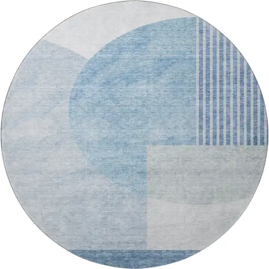 8' Blue And Ivory Geometric Washable Round Rug With UV Protection Photo 3