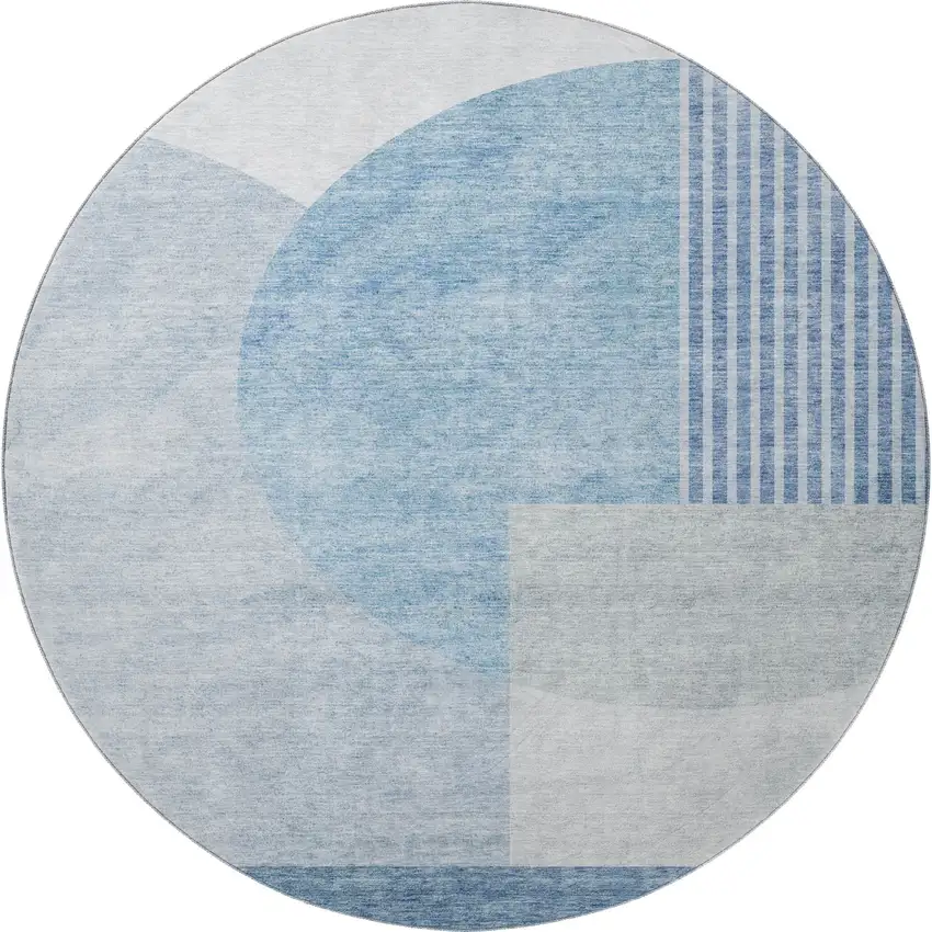8' Blue And Ivory Geometric Washable Round Rug With UV Protection Photo 3