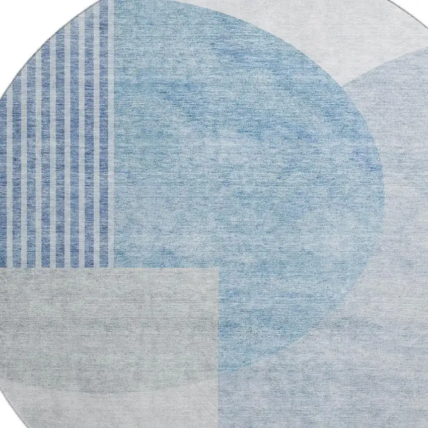 8' Blue And Ivory Geometric Washable Round Rug With UV Protection Photo 4