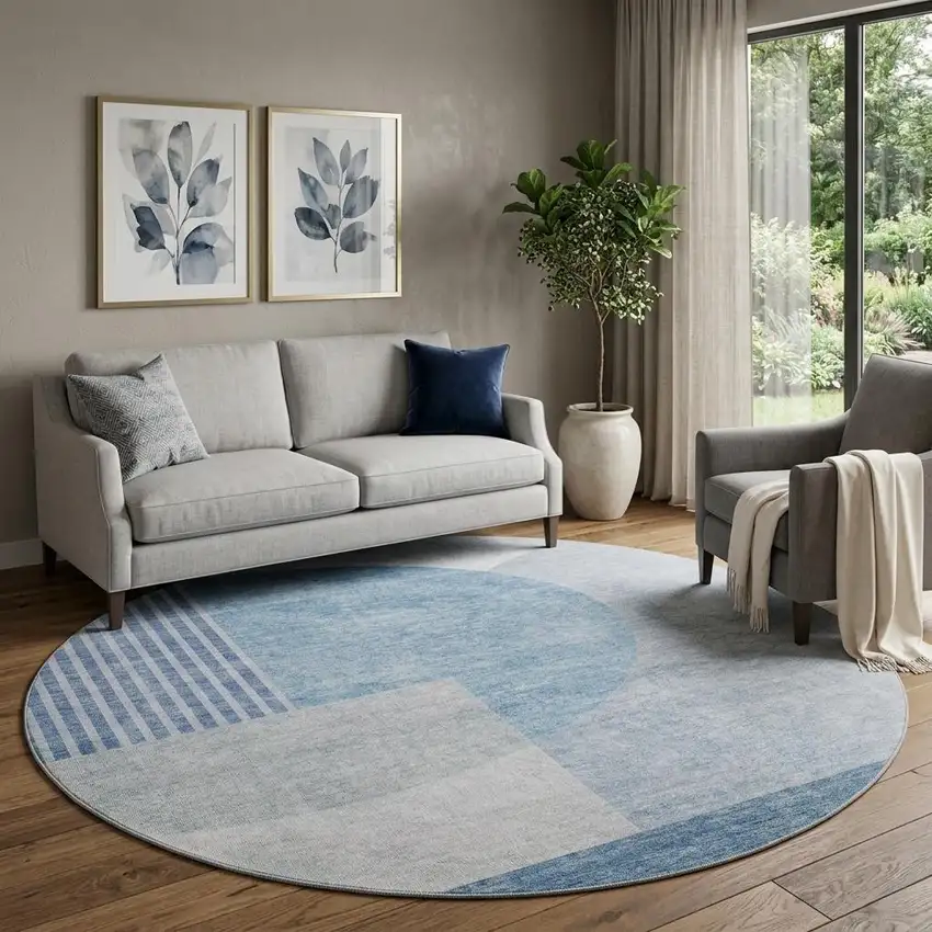 8' Blue And Ivory Geometric Washable Round Rug With UV Protection Photo 1