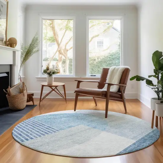 8' Blue And Ivory Geometric Washable Round Rug With UV Protection Photo 5