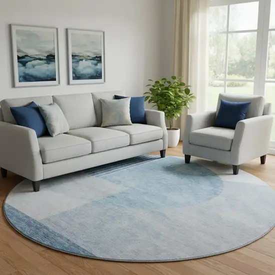 8' Blue And Ivory Geometric Washable Round Rug With UV Protection Photo 1