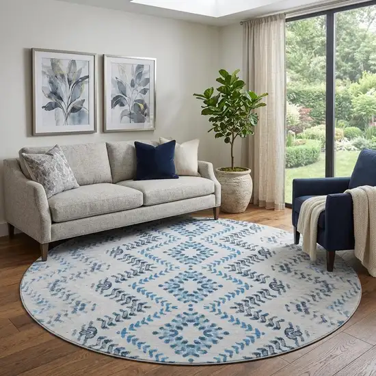 8' Blue And Ivory Geometric Washable Round Rug With UV Protection Photo 1