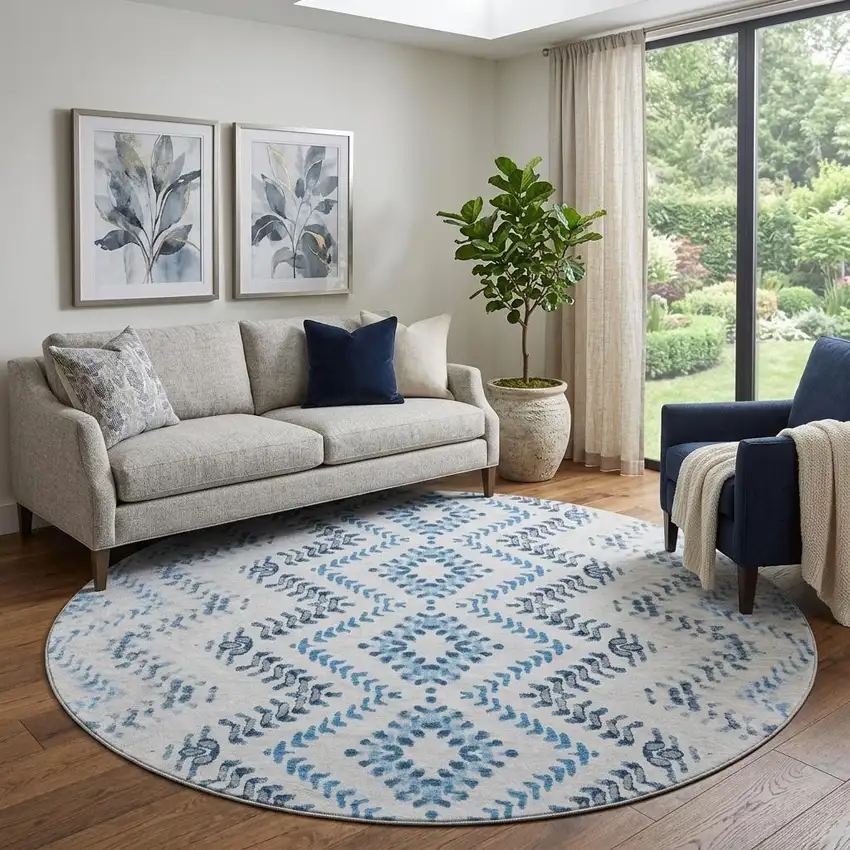 8' Blue And Ivory Geometric Washable Round Rug With UV Protection Photo 1