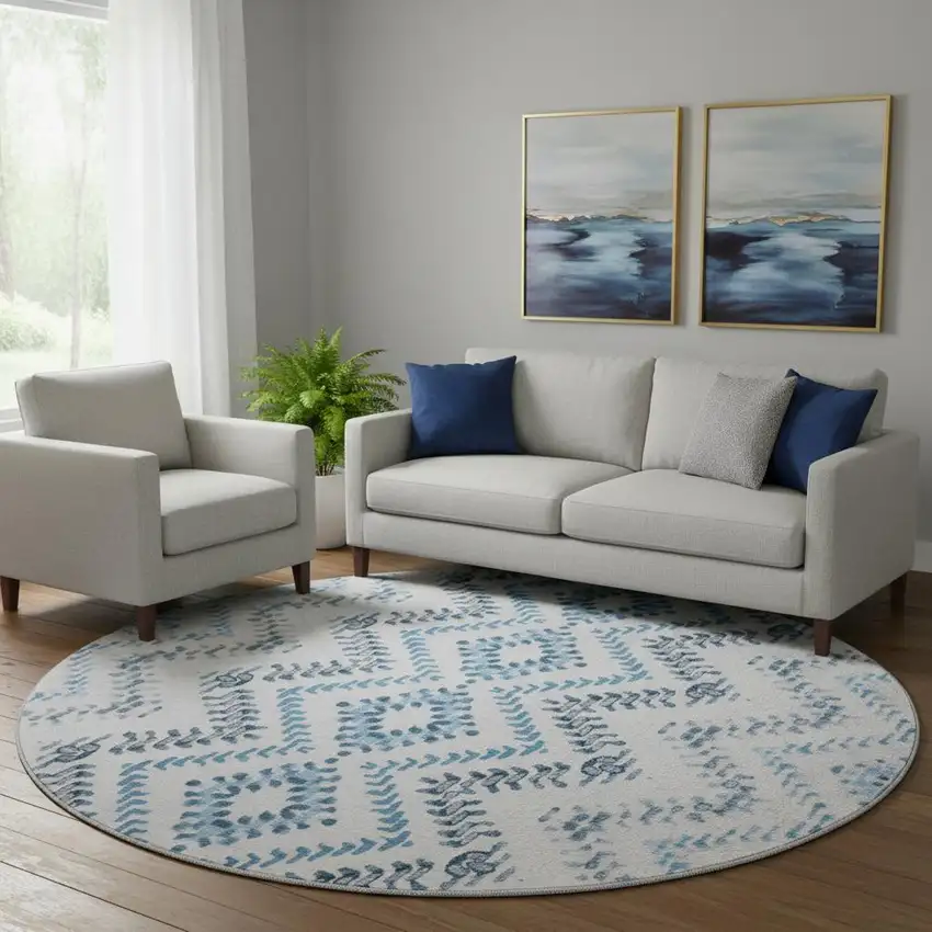 8' Blue And Ivory Geometric Washable Round Rug With UV Protection Photo 1