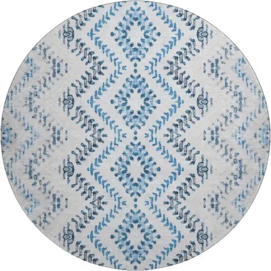 8' Blue And Ivory Geometric Washable Round Rug With UV Protection Photo 1