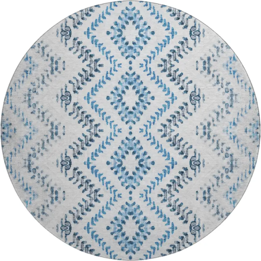 8' Blue And Ivory Geometric Washable Round Rug With UV Protection Photo 1