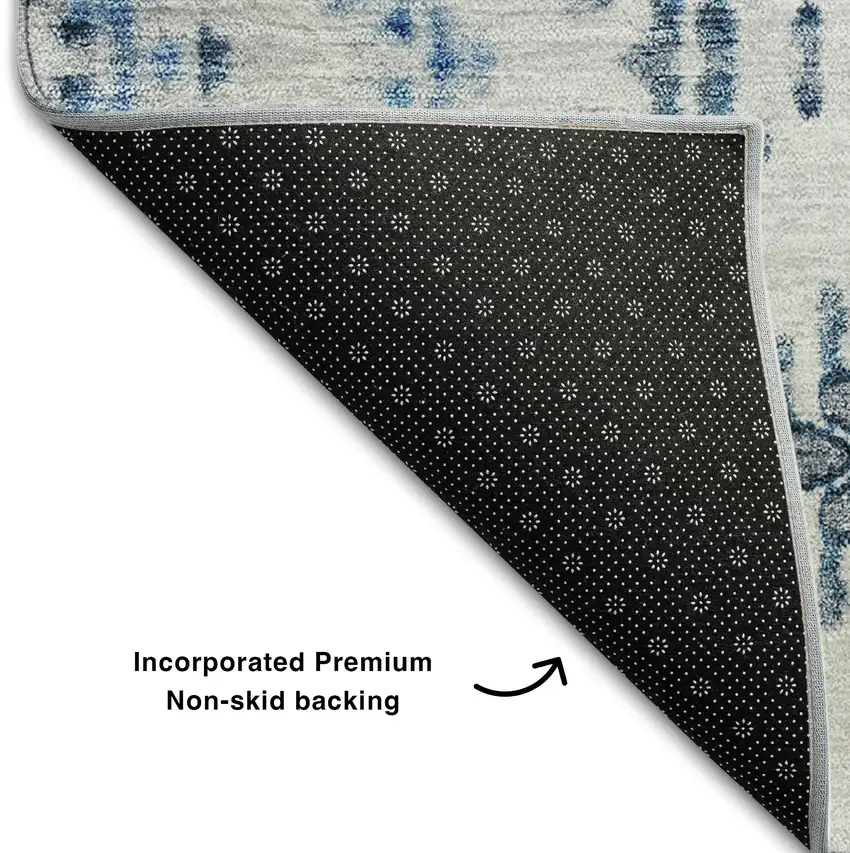 8' Blue And Ivory Geometric Washable Round Rug With UV Protection Photo 7