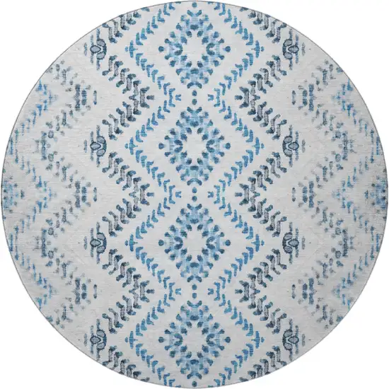 8' Blue And Ivory Geometric Washable Round Rug With UV Protection Photo 3