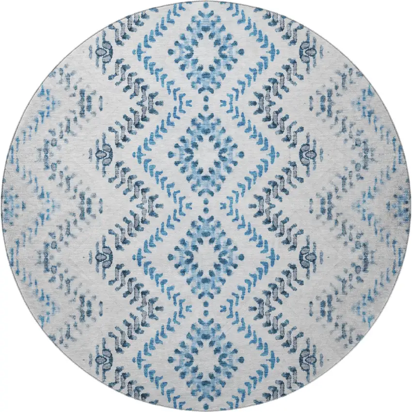 8' Blue And Ivory Geometric Washable Round Rug With UV Protection Photo 3