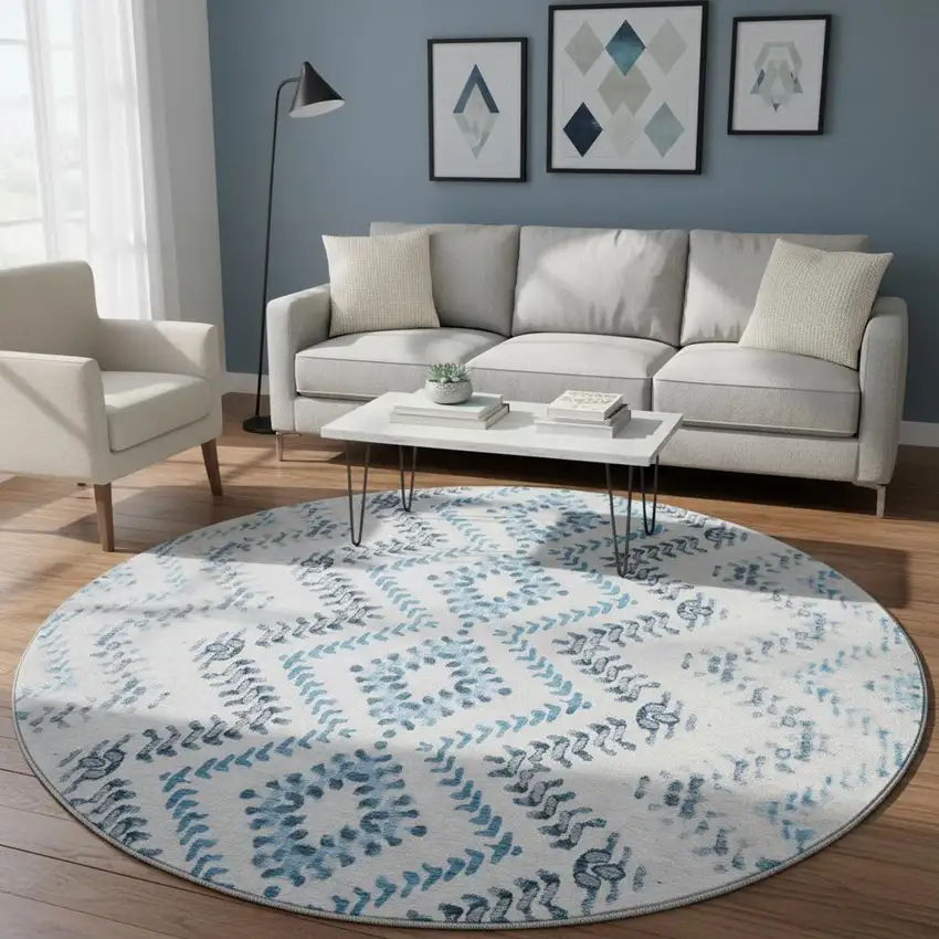 8' Blue And Ivory Geometric Washable Round Rug With UV Protection Photo 2