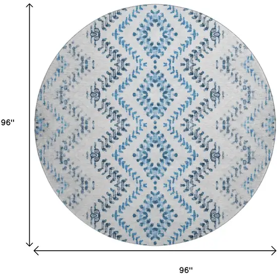 8' Blue And Ivory Geometric Washable Round Rug With UV Protection Photo 6