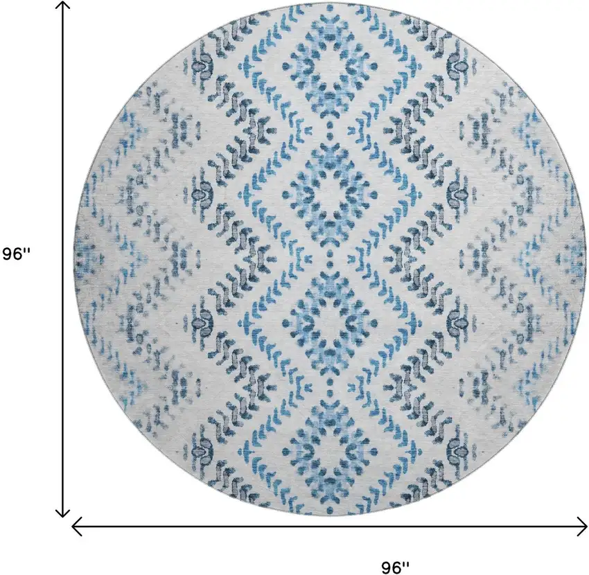 8' Blue And Ivory Geometric Washable Round Rug With UV Protection Photo 6