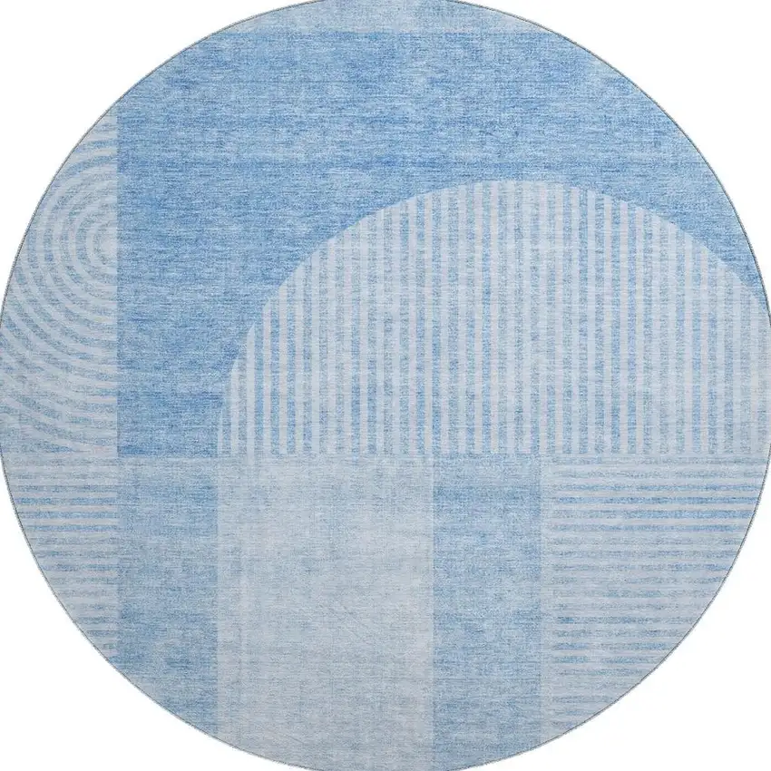 8' Blue And Ivory Geometric Washable Round Rug With UV Protection Photo 3