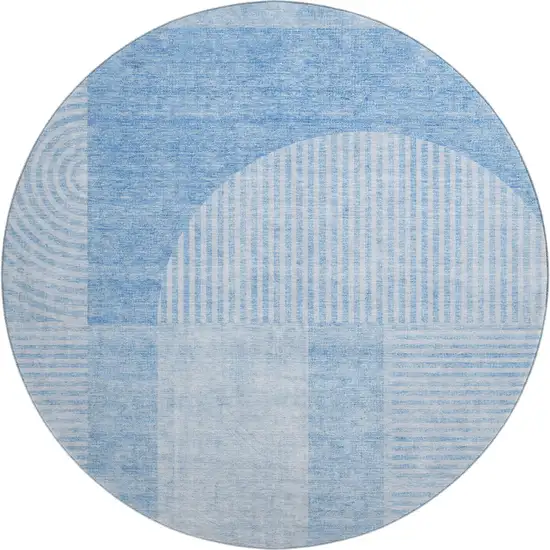 8' Blue And Ivory Geometric Washable Round Rug With UV Protection Photo 1