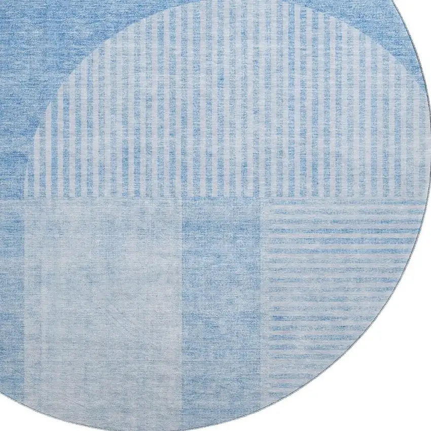 8' Blue And Ivory Geometric Washable Round Rug With UV Protection Photo 2
